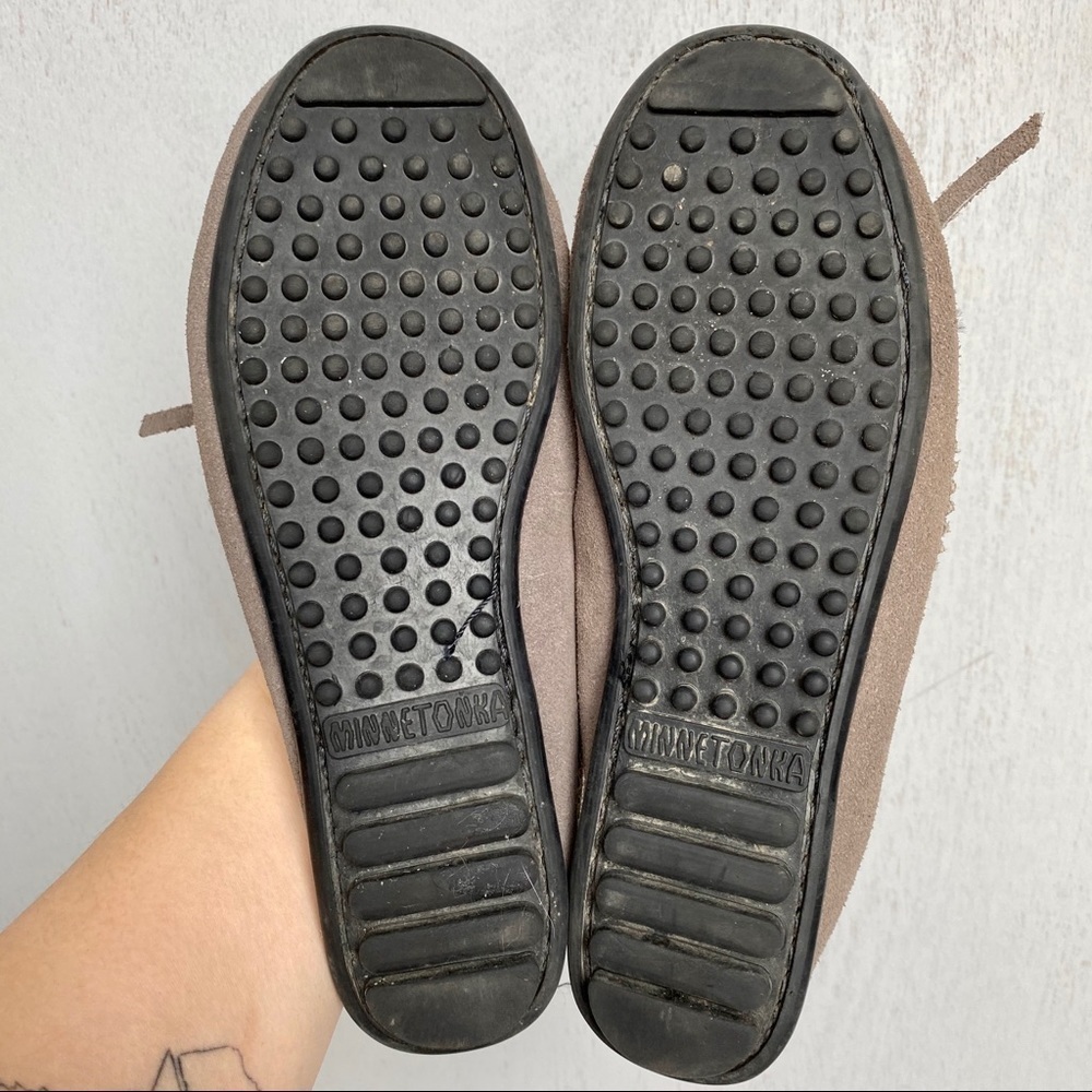 Minnetonka Gray Suede Moccasins | Beaded Slip-On Flats with Bow - Picture 7 of 8